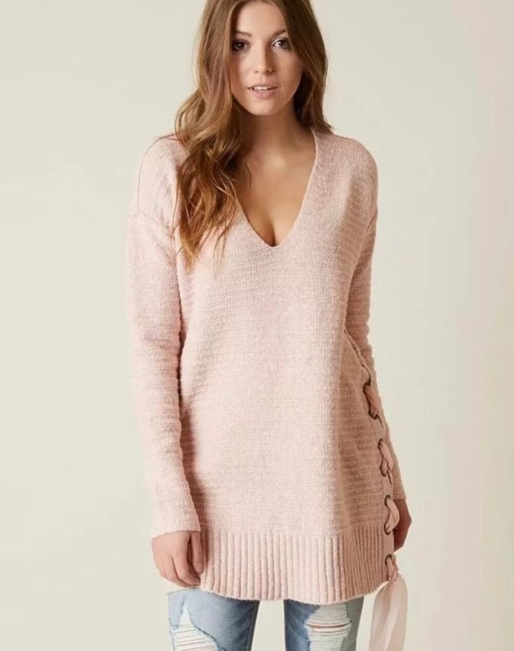 Free People Heart It Lace Up Tunic Sweater XS Blush Pink V Neck Side Detail
